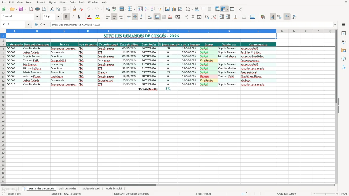 Capture 1 : onglet Demandes de congés - Modèle Excel demande de congés excel modèle