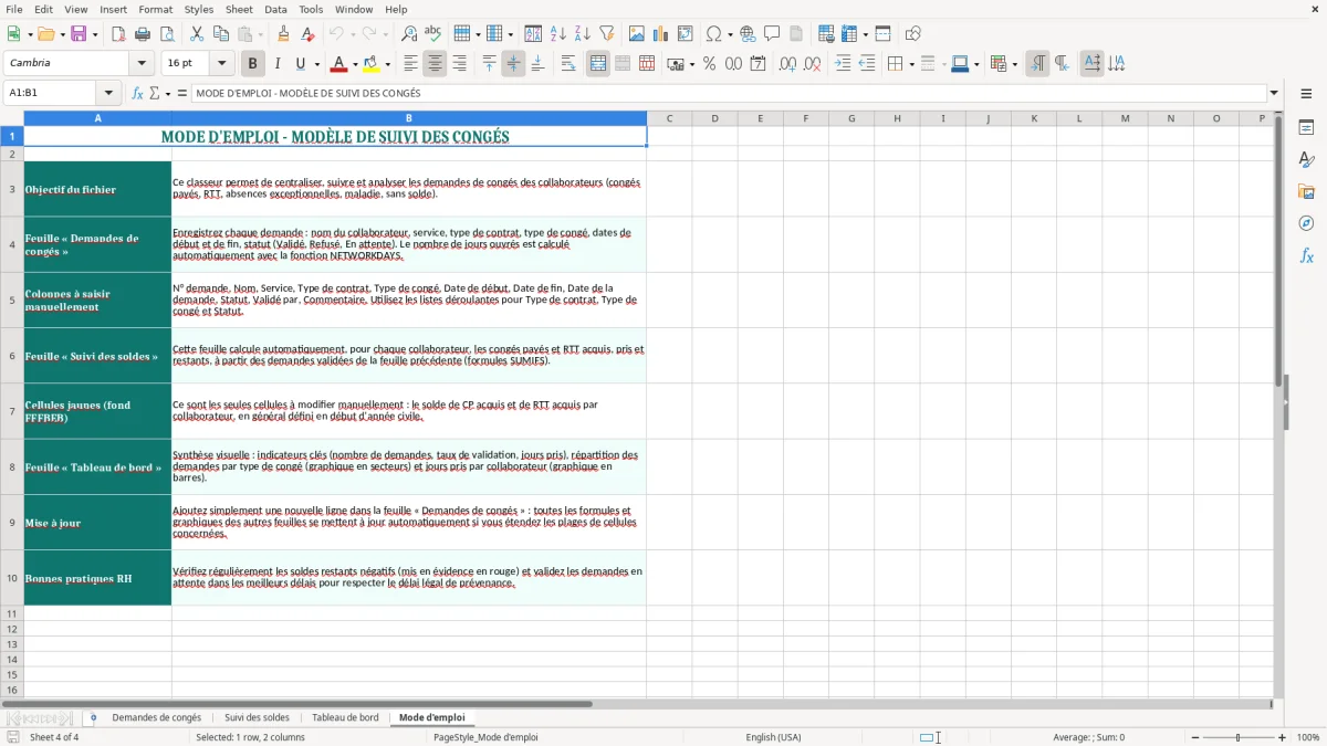 Capture 4 : onglet Mode d'emploi - Modèle Excel demande de congés excel modèle