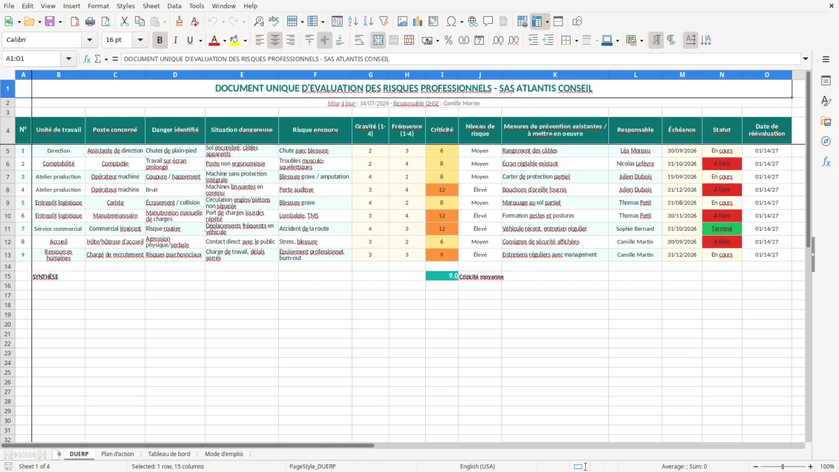 Capture 1 : onglet DUERP - Modèle Excel document unique évaluation risques excel modèle
