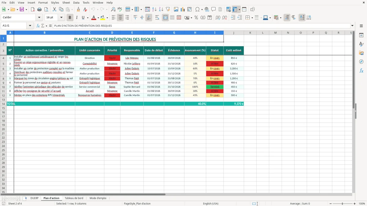 Capture 2 : onglet Plan d'action - Modèle Excel document unique évaluation risques excel modèle