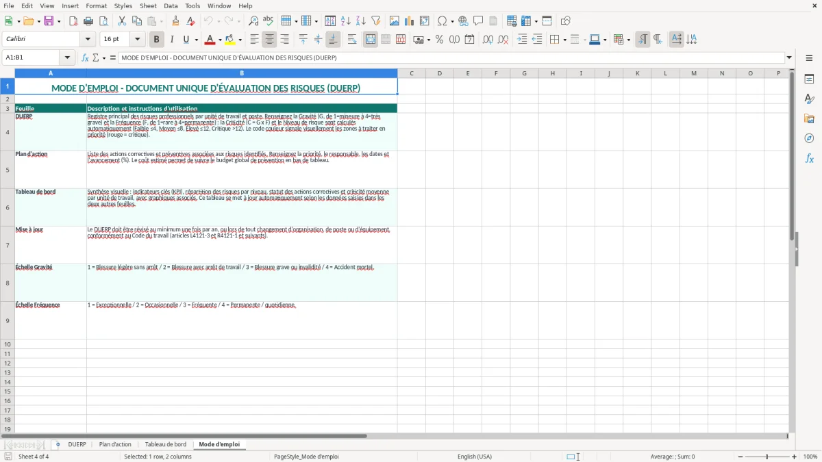 Capture 4 : onglet Mode d'emploi - Modèle Excel document unique évaluation risques excel modèle