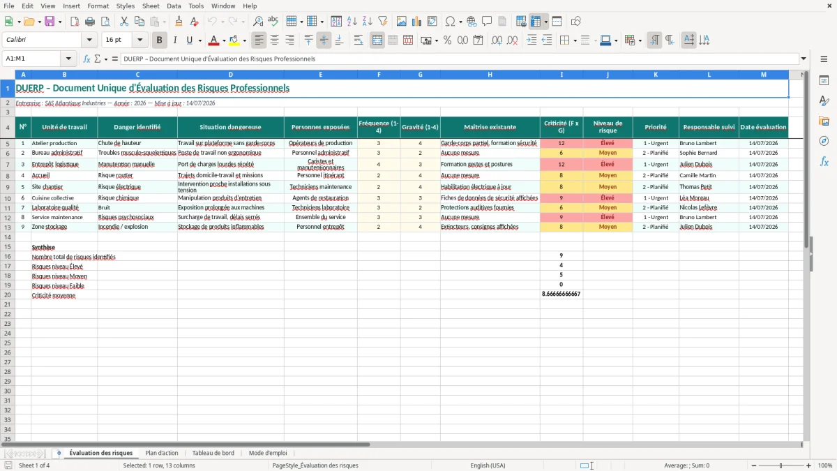 Capture 1 : onglet Évaluation des risques - Modèle Excel duerp excel modèle