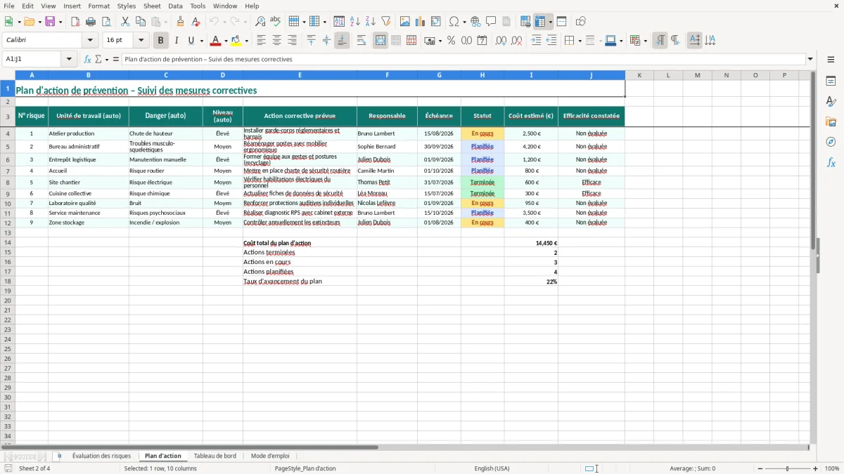Capture 2 : onglet Plan d'action - Modèle Excel duerp excel modèle