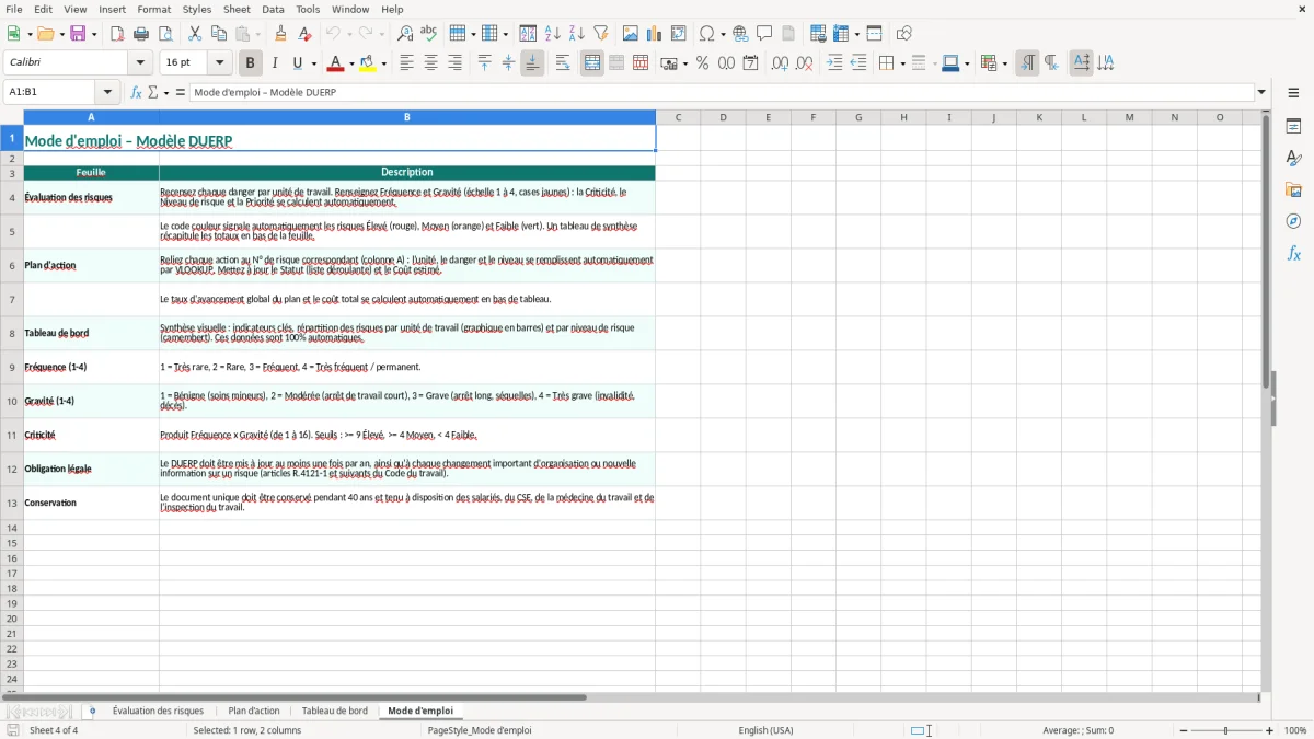 Capture 4 : onglet Mode d'emploi - Modèle Excel duerp excel modèle