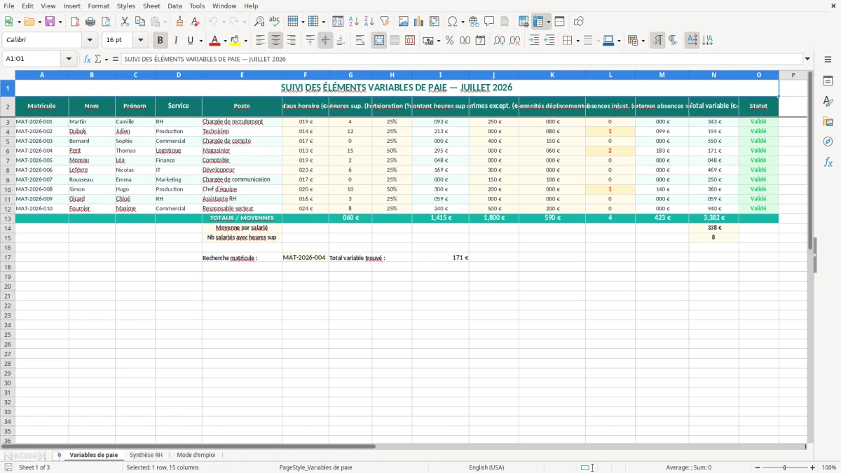 Capture 1 : onglet Variables de paie - Modèle Excel éléments variables de paie excel modèle