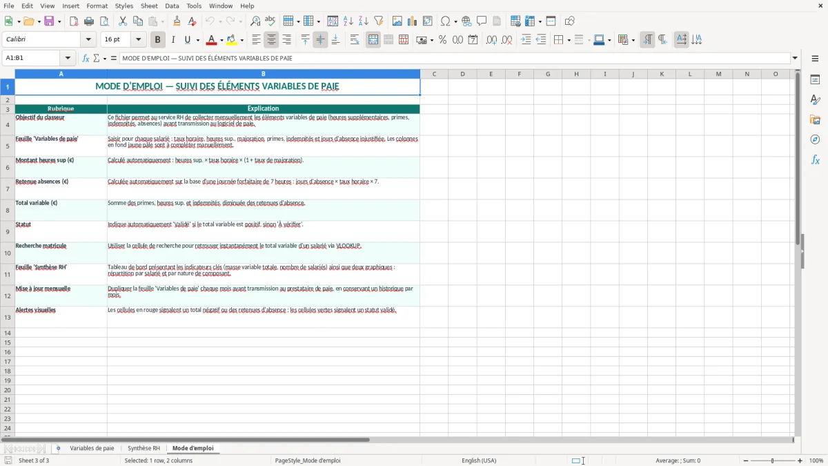 Capture 3 : onglet Mode d'emploi - Modèle Excel éléments variables de paie excel modèle