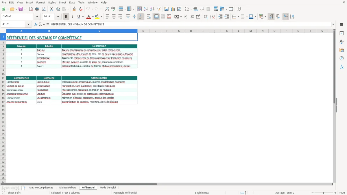 Capture 3 : onglet Référentiel - Modèle Excel matrice des compétences excel modèle