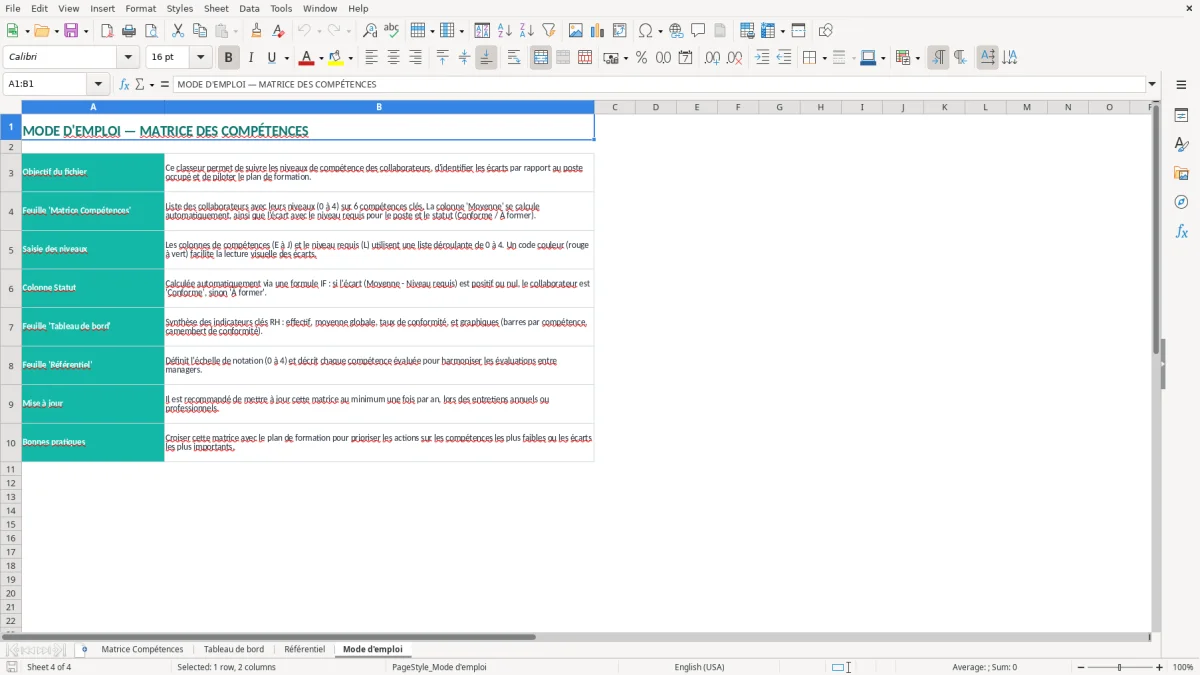 Capture 4 : onglet Mode d'emploi - Modèle Excel matrice des compétences excel modèle
