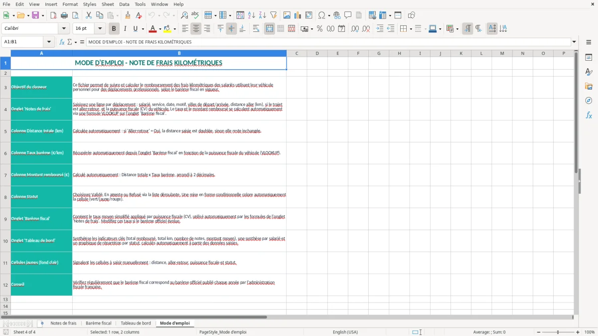 Capture 4 : onglet Mode d'emploi - Modèle Excel note de frais kilométriques excel modèle