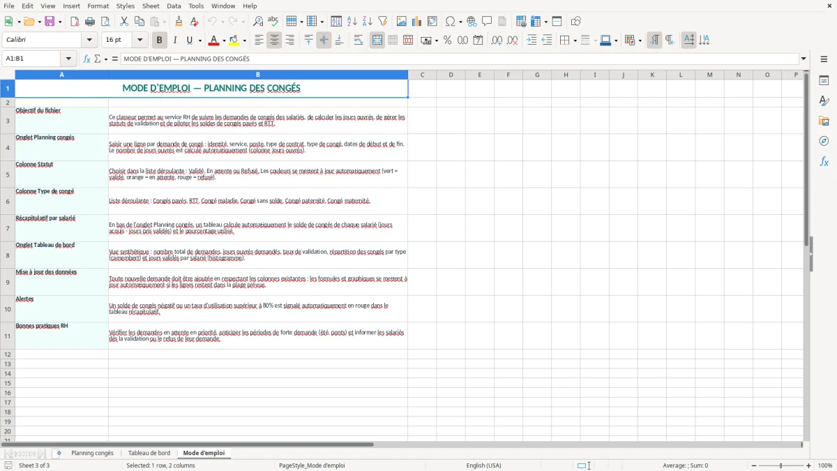 Capture 3 : onglet Mode d'emploi - Modèle Excel planning des congés excel modèle