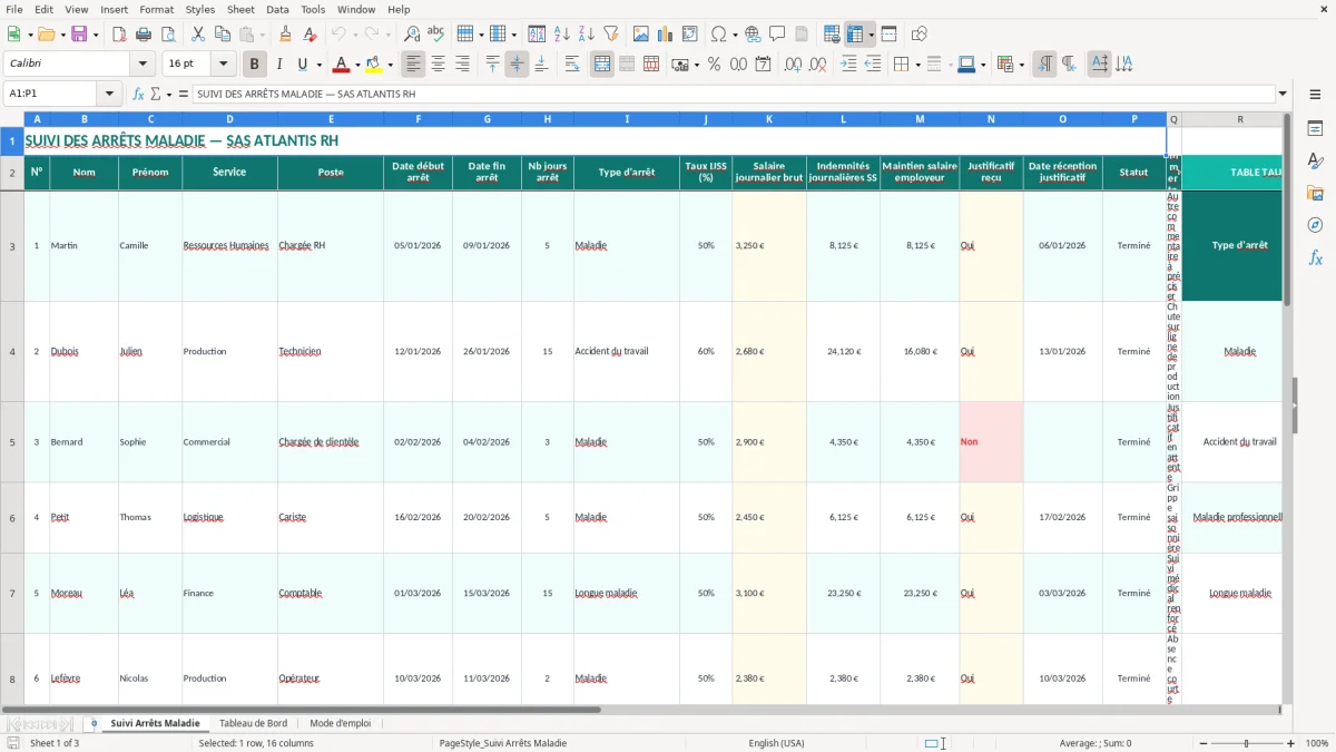 Capture 1 : onglet Suivi Arrêts Maladie - Modèle Excel suivi des arrêts maladie excel modèle
