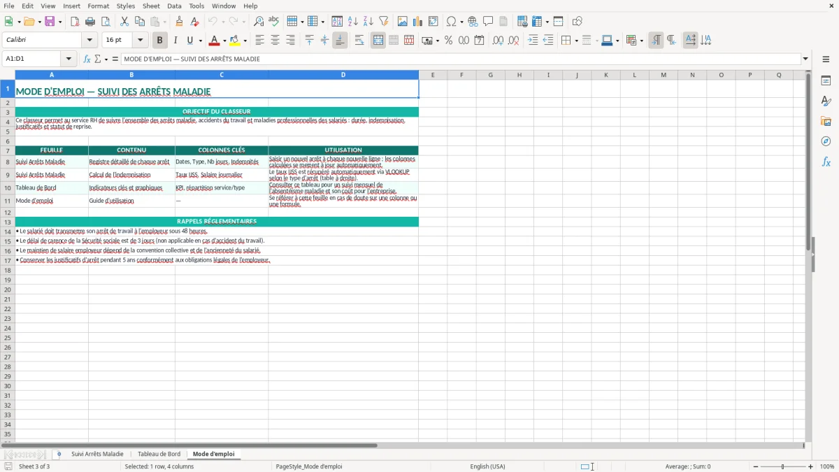 Capture 3 : onglet Mode d'emploi - Modèle Excel suivi des arrêts maladie excel modèle