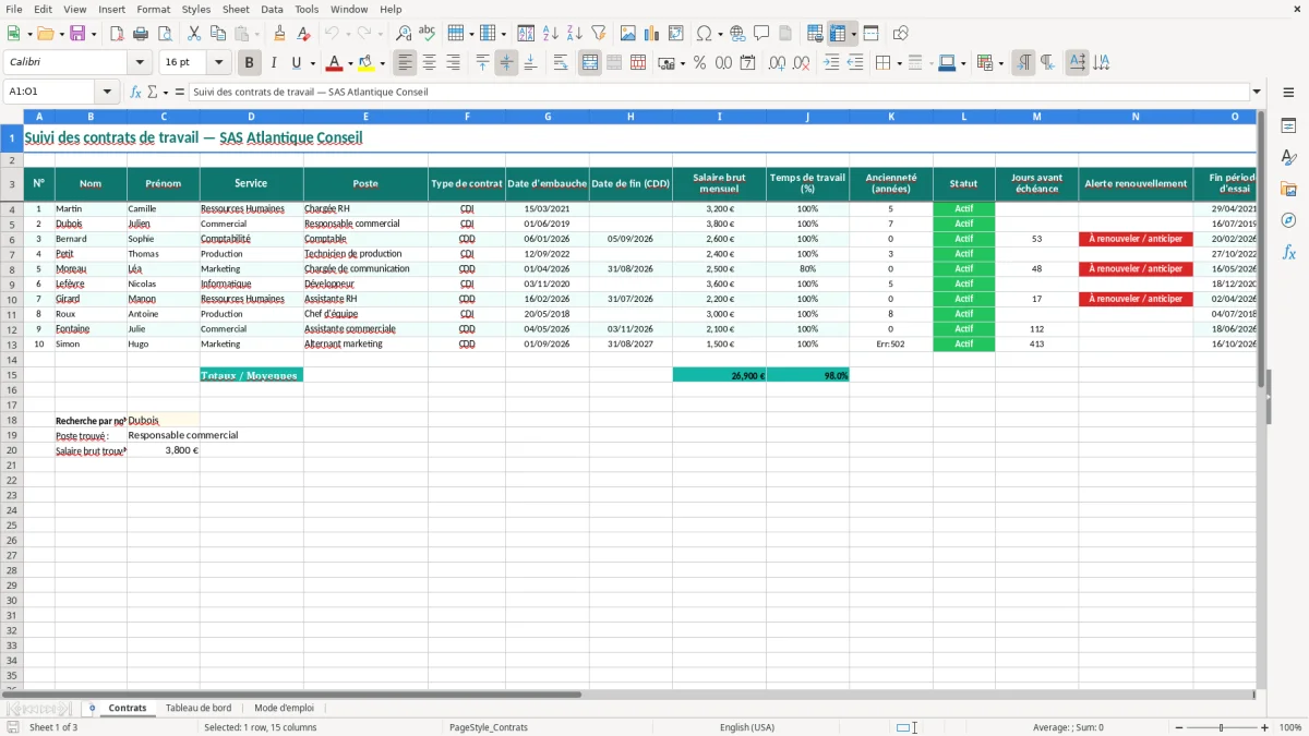Capture 1 : onglet Contrats - Modèle Excel suivi des contrats de travail excel modèle
