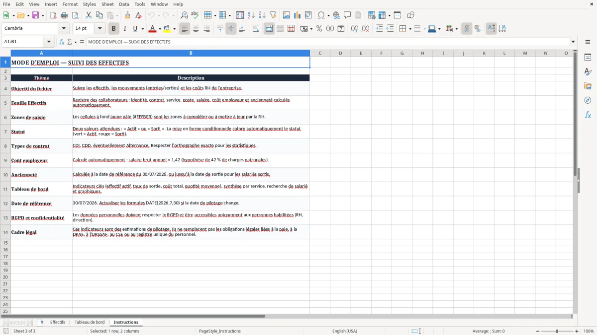 Capture 3 : onglet Instructions - Modèle Excel suivi des effectifs excel modèle
