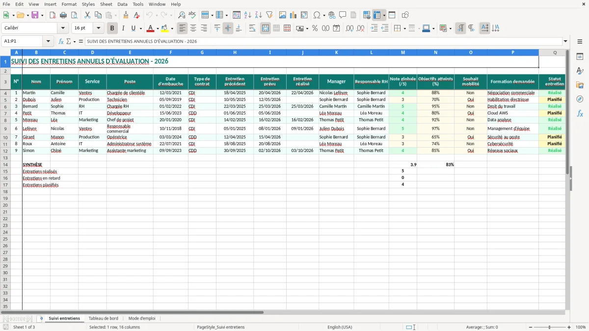 Capture 1 : onglet Suivi entretiens - Modèle Excel suivi des entretiens excel modèle