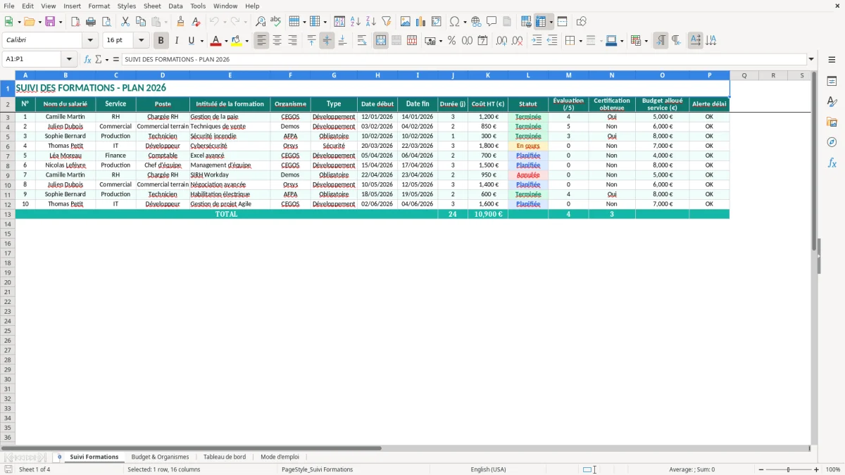 Capture 1 : onglet Suivi Formations - Modèle Excel suivi des formations excel modèle