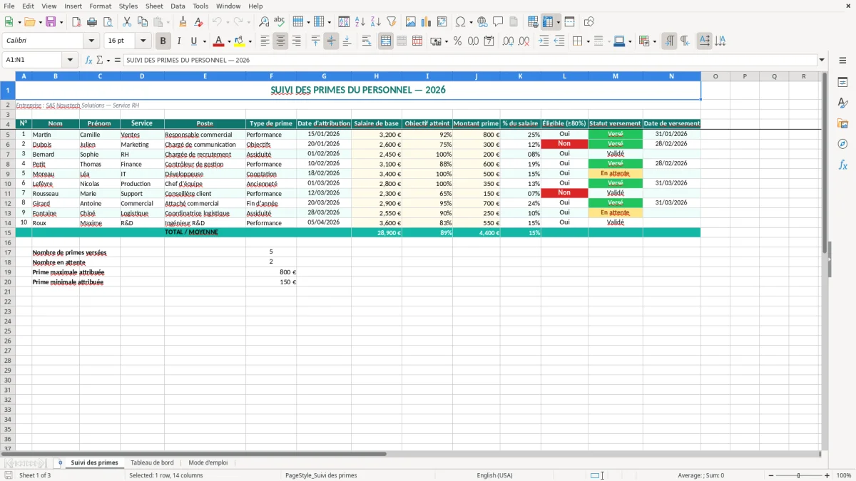 Capture 1 : onglet Suivi des primes - Modèle Excel suivi des primes excel modèle