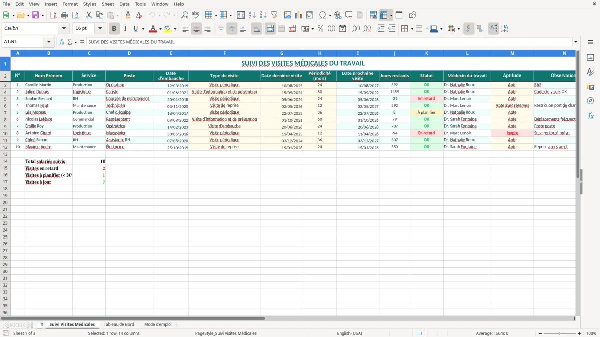 Capture 1 : onglet Suivi Visites Médicales - Modèle Excel suivi des visites médicales excel modèle