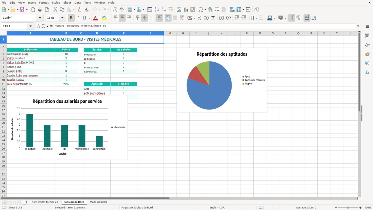 Capture 2 : onglet Tableau de Bord - Modèle Excel suivi des visites médicales excel modèle