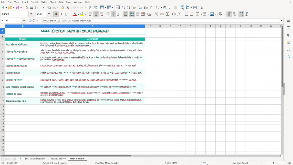 Capture 3 : onglet Mode d'emploi - Modèle Excel suivi des visites médicales excel modèle