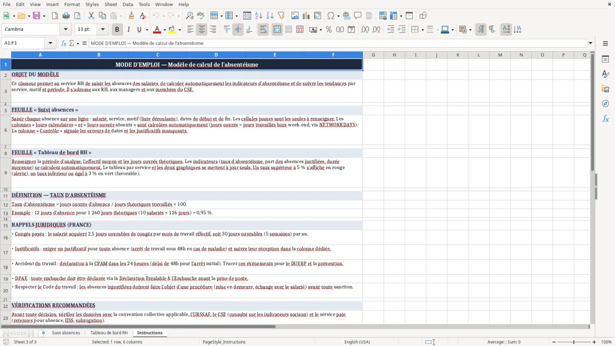 Capture 3 : onglet Instructions - Modèle Excel calcul de l'absentéisme excel modèle