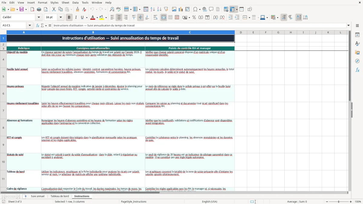 Capture 3 : onglet Instructions - Modèle Excel suivi annualisation du temps de travail excel modèle