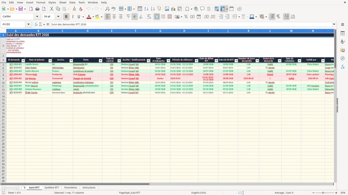 Capture 1 : onglet Suivi RTT - Modèle Excel suivi des rtt excel modèle