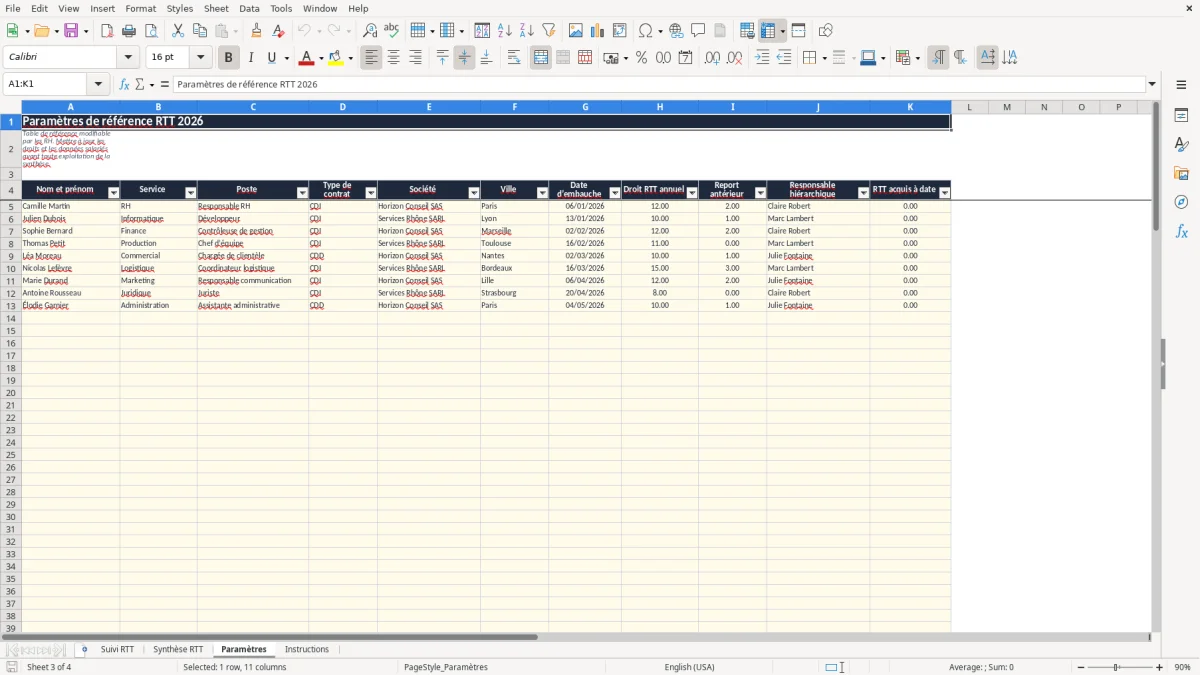 Capture 3 : onglet Paramètres - Modèle Excel suivi des rtt excel modèle