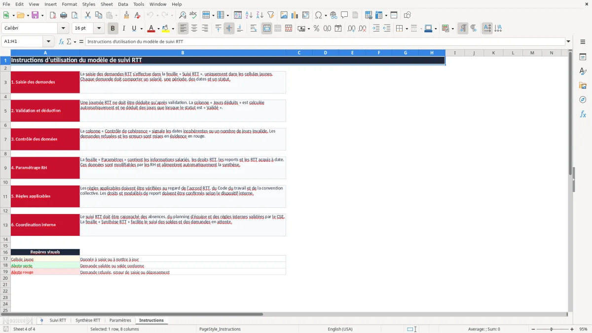 Capture 4 : onglet Instructions - Modèle Excel suivi des rtt excel modèle
