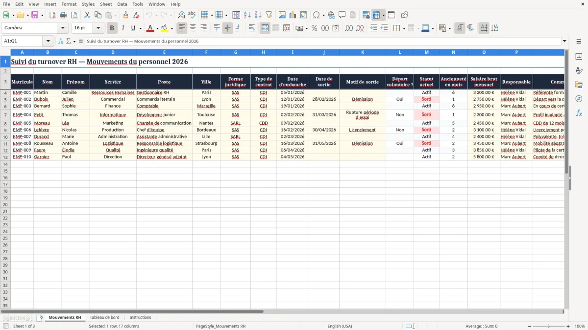 Capture 1 : onglet Mouvements RH - Modèle Excel suivi du turnover excel modèle