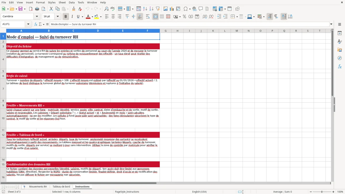 Capture 3 : onglet Instructions - Modèle Excel suivi du turnover excel modèle
