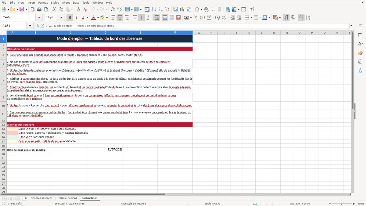 Capture 3 : onglet Instructions - Modèle Excel tableau de bord absences excel modèle