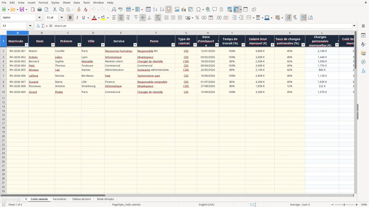 Capture 1 : onglet Coûts salariés - Modèle Excel calcul du coût d'un salarié excel modèle