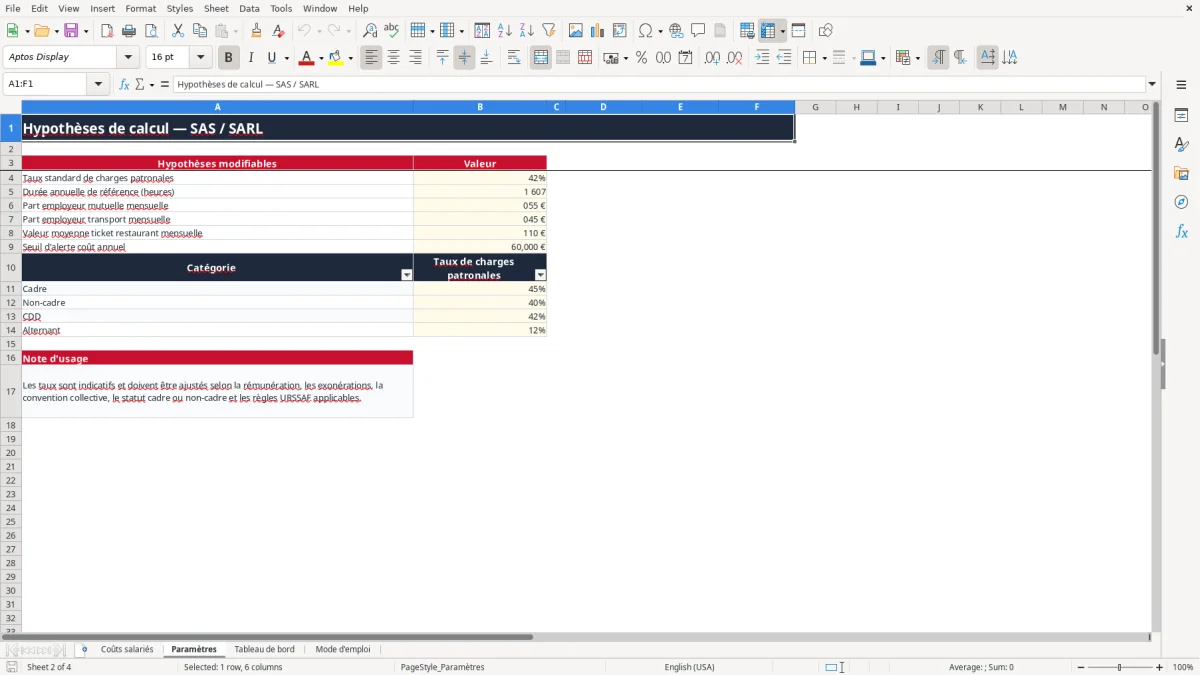 Capture 2 : onglet Paramètres - Modèle Excel calcul du coût d'un salarié excel modèle