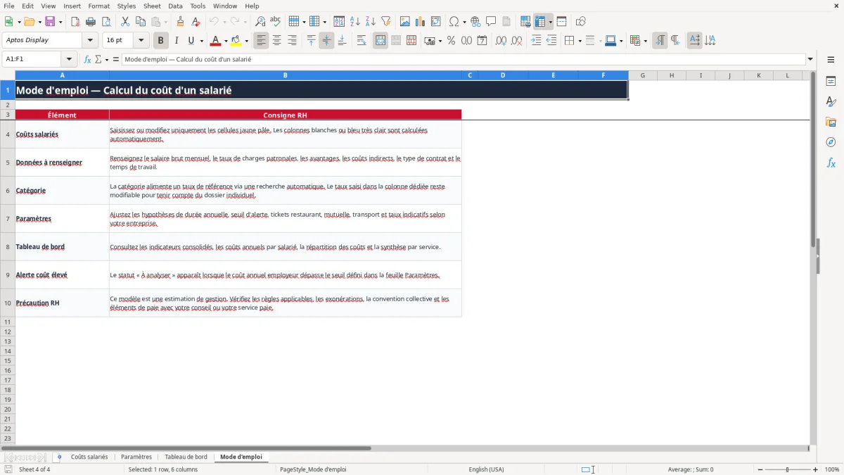 Capture 4 : onglet Mode d'emploi - Modèle Excel calcul du coût d'un salarié excel modèle
