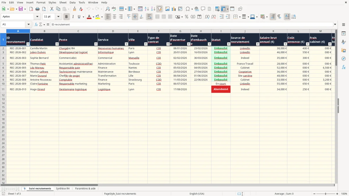 Capture 1 : onglet Suivi recrutements - Modèle Excel coût d'embauche excel modèle