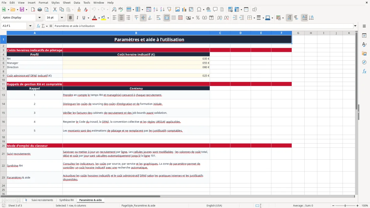 Capture 3 : onglet Paramètres & aide - Modèle Excel coût d'embauche excel modèle