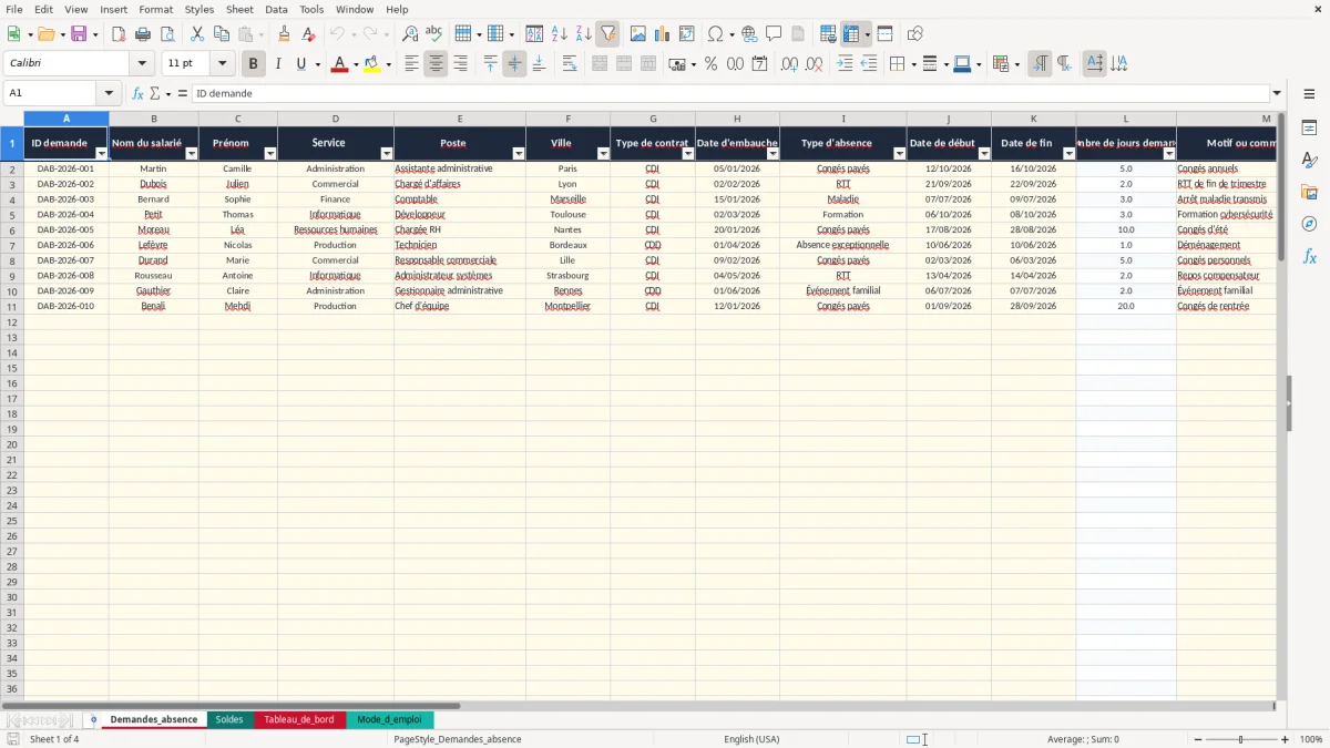 Capture 1 : onglet Demandes_absence - Modèle Excel demande d'absence excel modèle
