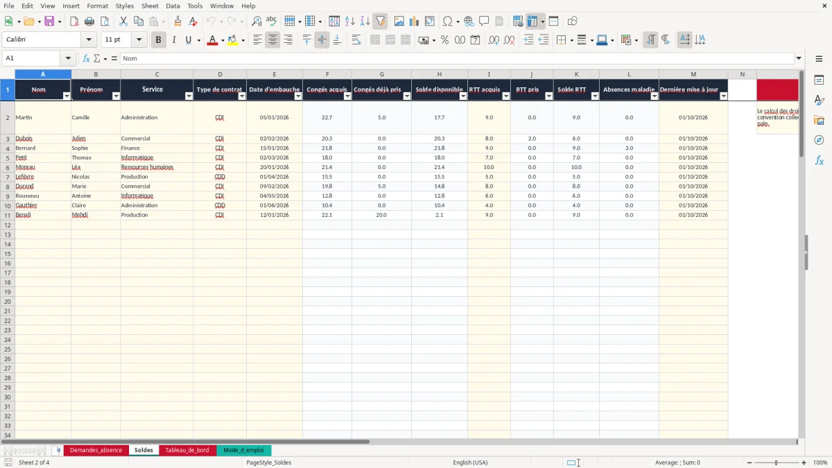 Capture 2 : onglet Soldes - Modèle Excel demande d'absence excel modèle