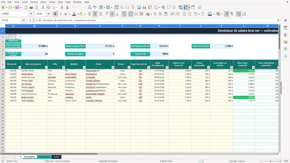 Capture 1 : onglet Simulation - Modèle Excel simulateur de salaire brut net excel modèle
