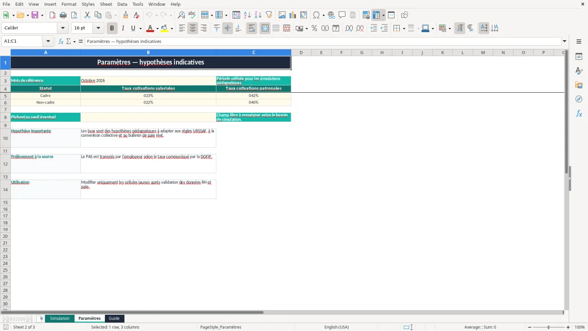 Capture 2 : onglet Paramètres - Modèle Excel simulateur de salaire brut net excel modèle