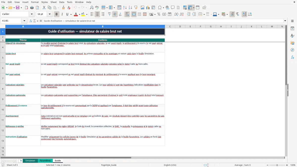 Capture 3 : onglet Guide - Modèle Excel simulateur de salaire brut net excel modèle