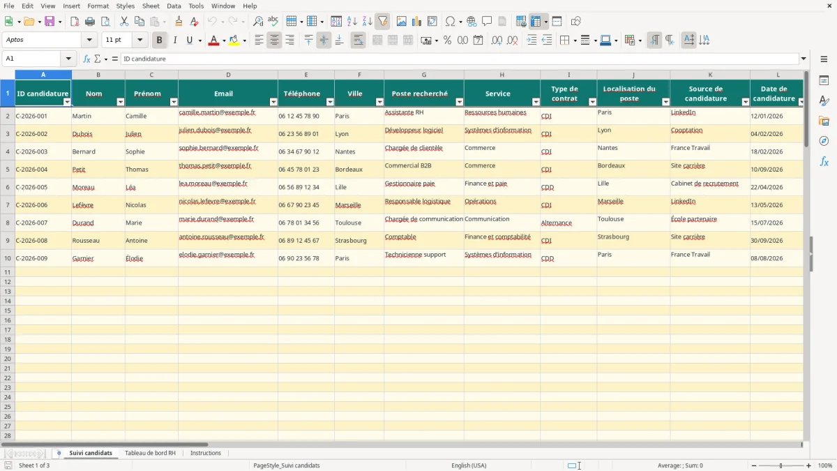 Capture 1 : onglet Suivi candidats - Modèle Excel suivi des entretiens de recrutement excel modèle