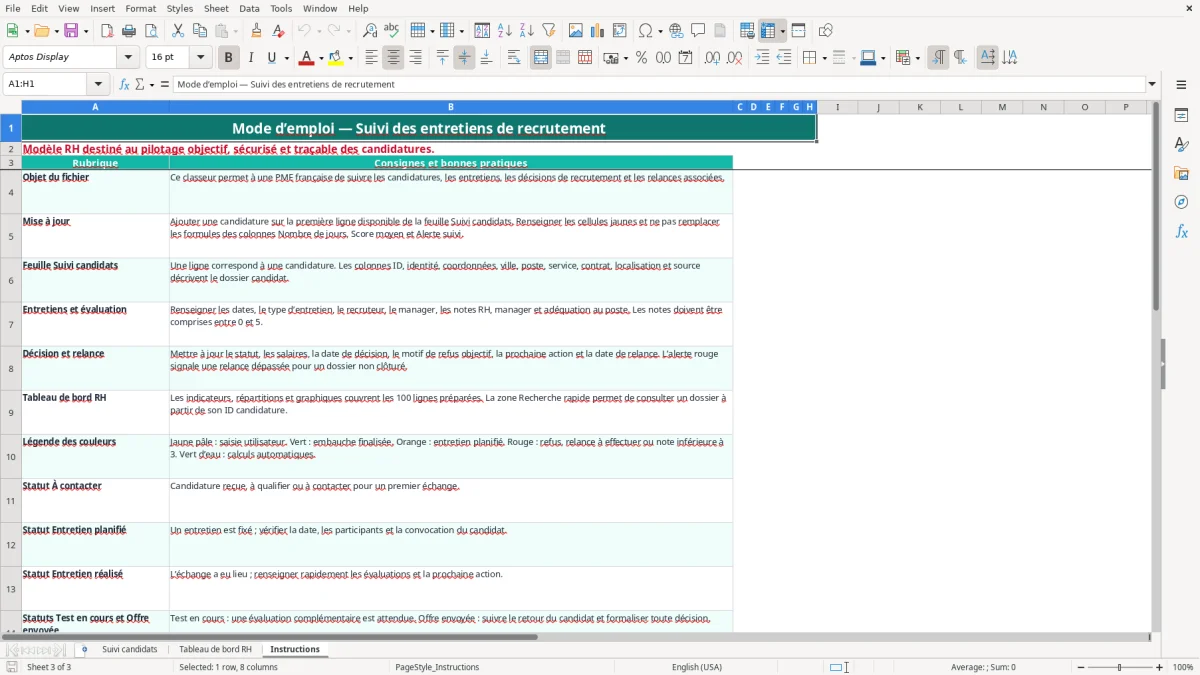 Capture 3 : onglet Instructions - Modèle Excel suivi des entretiens de recrutement excel modèle