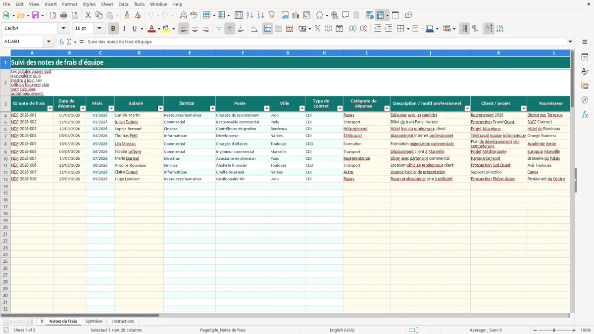 Capture 1 : onglet Notes de frais - Modèle Excel suivi des notes de frais équipe excel modèle