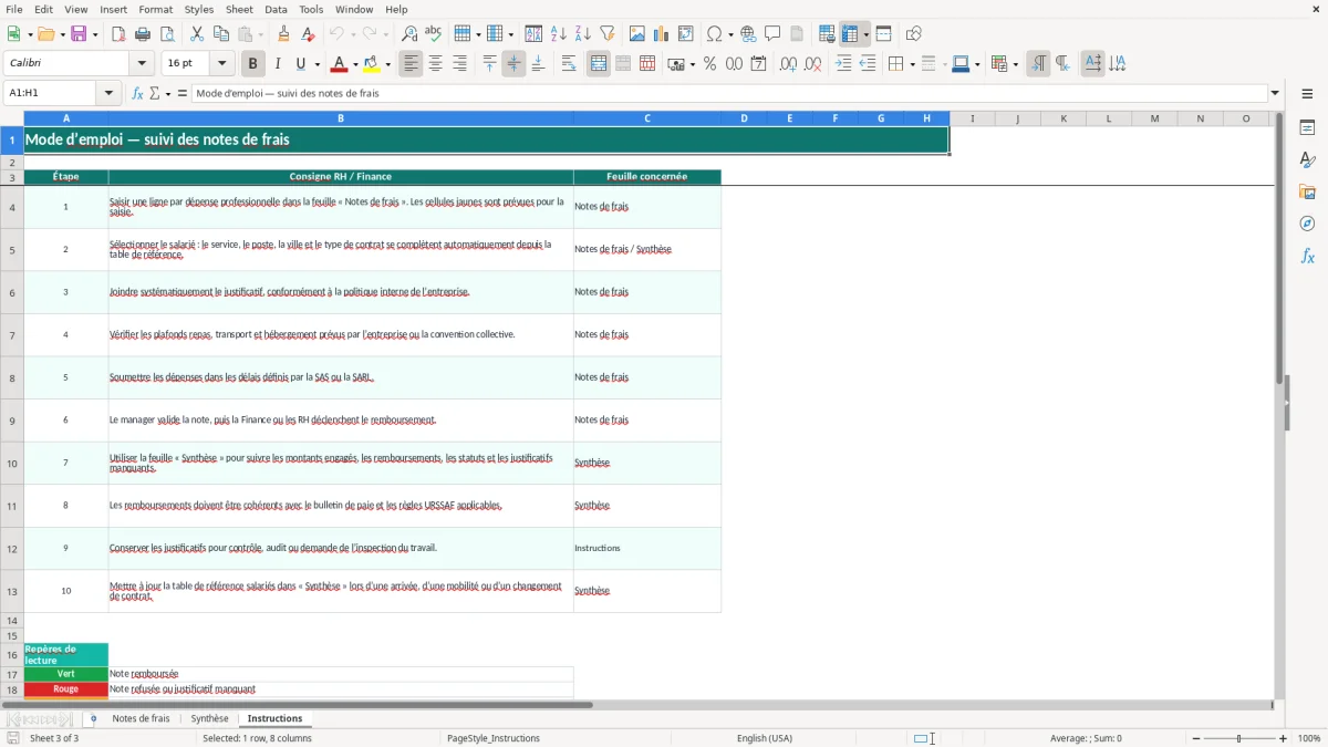 Capture 3 : onglet Instructions - Modèle Excel suivi des notes de frais équipe excel modèle