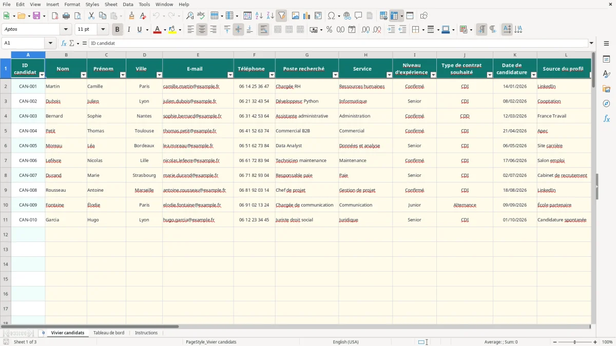 Capture 1 : onglet Vivier candidats - Modèle Excel vivier de candidats excel modèle