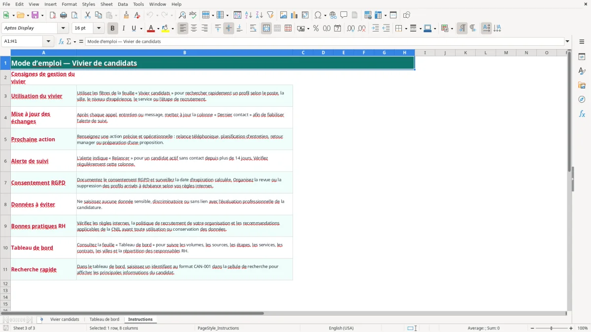 Capture 3 : onglet Instructions - Modèle Excel vivier de candidats excel modèle